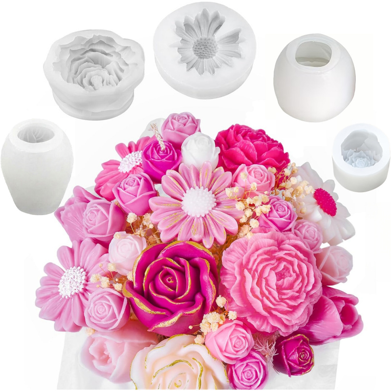 Candle Making Kit - 5Flower Candle Mold Set，3D Floral silicone